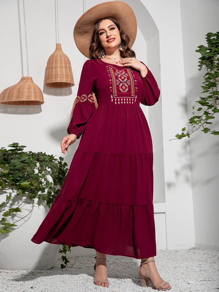 Mulvari Burgundy Red Plus Geo Embroidery Lantern Sleeve Ruffle Hem Dress - Burgundy - View 4