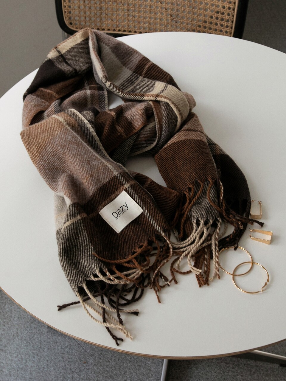 Plaid Print Letter Patch Decor Fringe Trim Scarf
