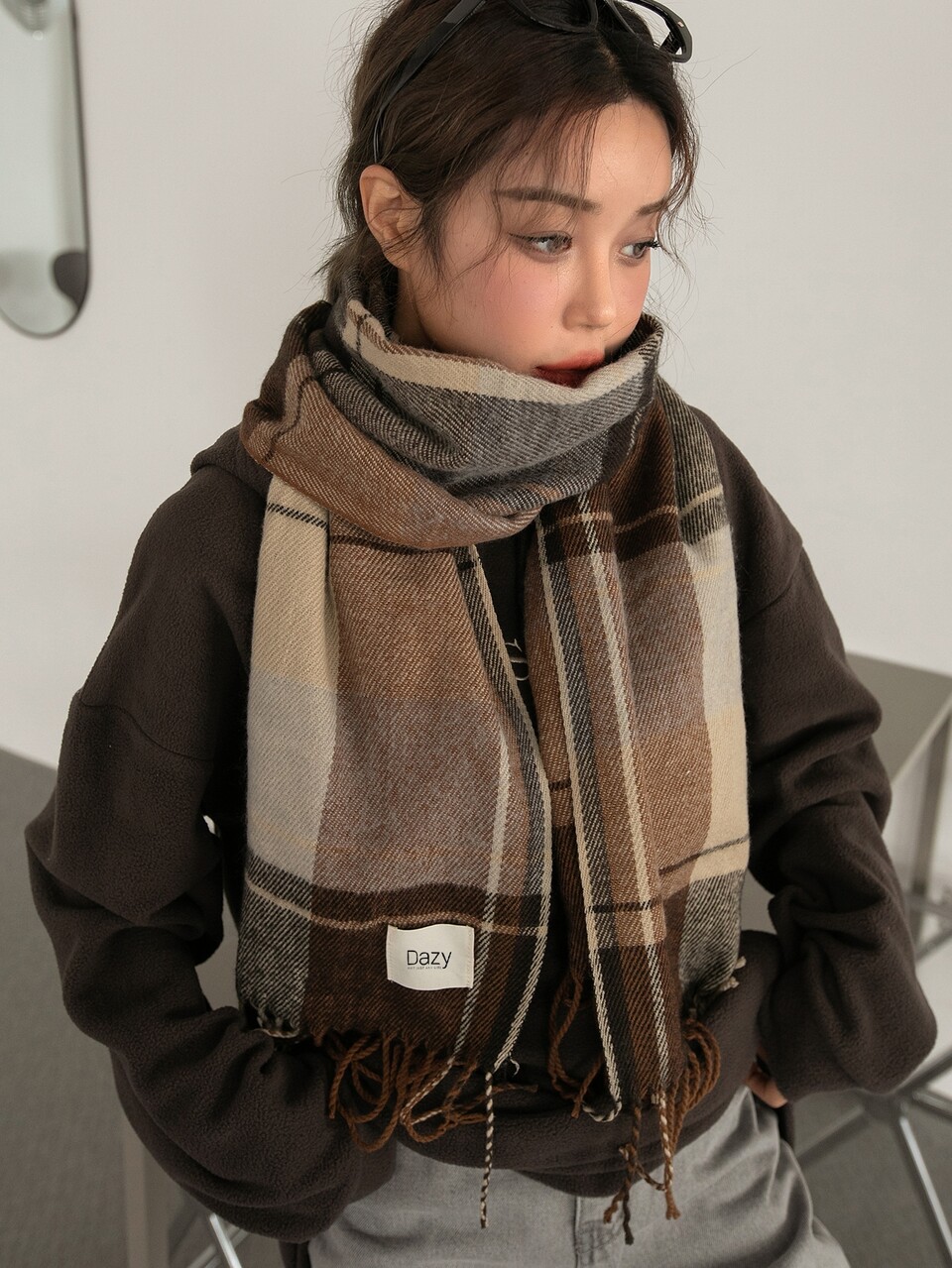 Plaid Print Letter Patch Decor Fringe Trim Scarf