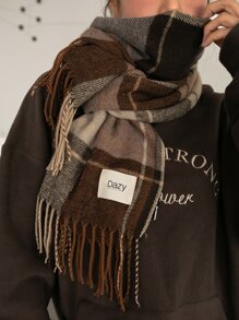 DAZY Plaid Print Letter Patch Decor Fringe Trim Scarf - Multicolor - View 6