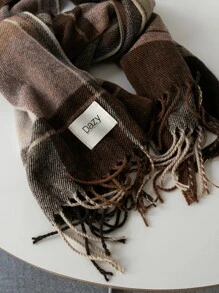 DAZY Plaid Print Letter Patch Decor Fringe Trim Scarf - Multicolor - View 3