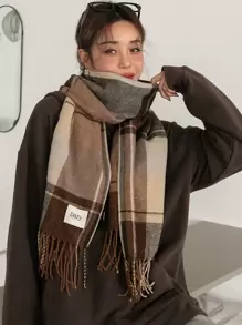 DAZY Plaid Print Letter Patch Decor Fringe Trim Scarf - Multicolor - View 5