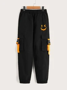 SHEIN 男孩卡通臉圖案搭扣帶工裝褲 - 黑色 - 查看 1