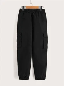 SHEIN 男孩卡通臉圖案搭扣帶工裝褲 - 黑色 - 查看 2