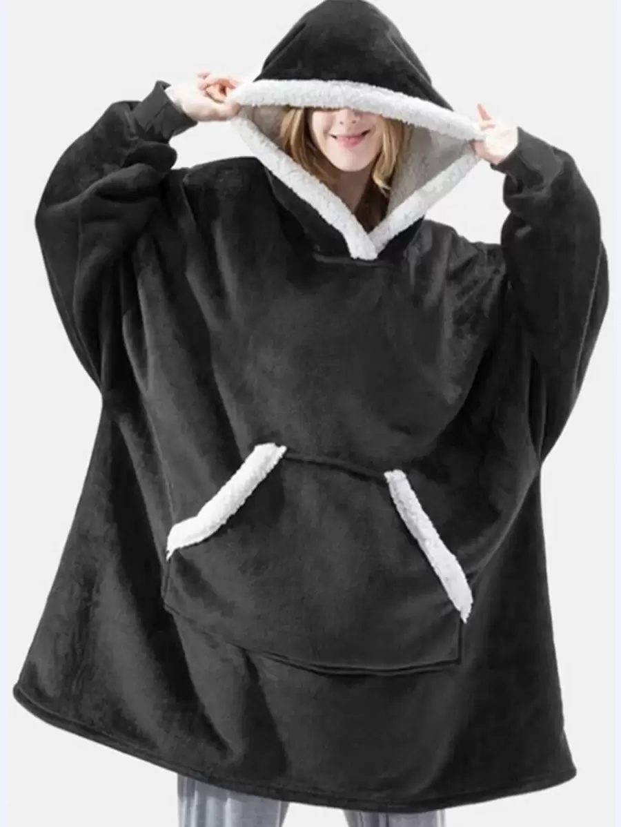 1pc Fleece Hooded Blanket - Black - View 1