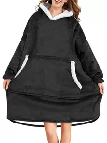 1pc Fleece Hooded Blanket - Black - View 2