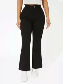 SHEIN PETITE Quần dài ống loe nhẹ vừa vặn màu trơn thời trang dành cho nữ - màu đen - Xem 1