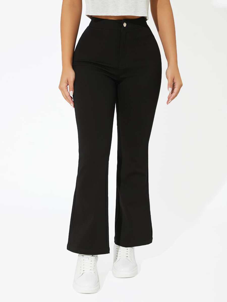 SHEIN PETITE Quần dài ống loe nhẹ vừa vặn màu trơn thời trang dành cho nữ - màu đen - Xem 1