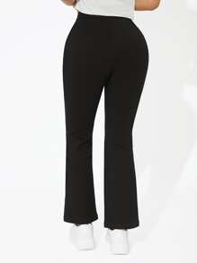 SHEIN PETITE Quần dài ống loe nhẹ vừa vặn màu trơn thời trang dành cho nữ - màu đen - Xem 2