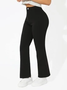 SHEIN PETITE Quần dài ống loe nhẹ vừa vặn màu trơn thời trang dành cho nữ - màu đen - Xem 4