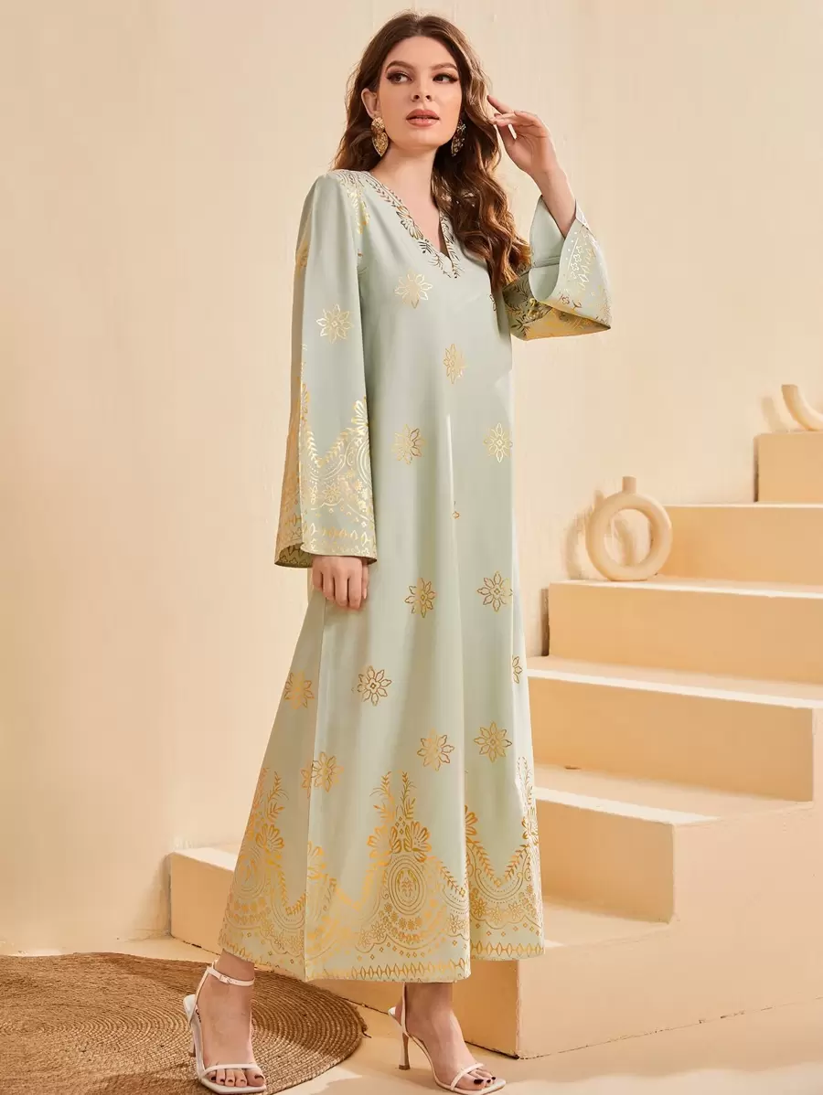 Al Najma Gold Floral Print Kaftan Dress