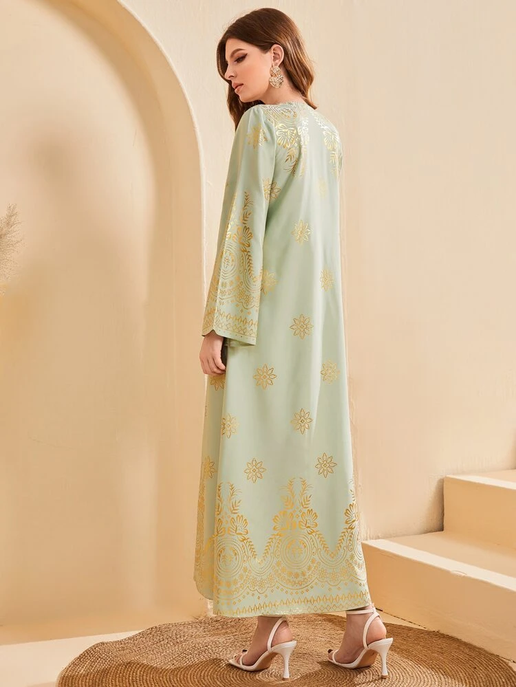 Gold Floral Print Kaftan Dress