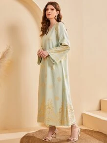 Al Najma Gold Floral Print Kaftan Dress