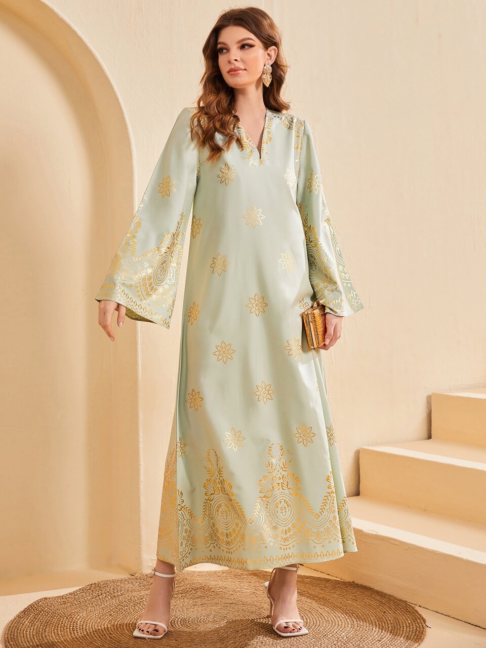 Gold Floral Print Kaftan Dress
