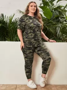 EMERY ROSE Plus Camo Print Drop Shoulder Tee & Trousers - Multicolor - View 5