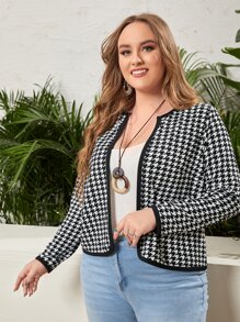 EMERY ROSE Plus Houndstooth Print Contrast Binding Jacket - Black and White - View 3