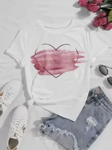 Flirla Plus Heart & Brush Print Tee - White - View 1