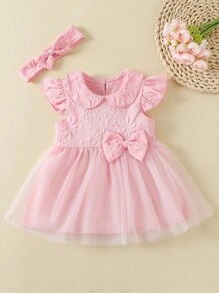 Baby Jacquard Ruffle Sleeve Bow Mesh Hem Dress & Headband - Baby Pink - View 1