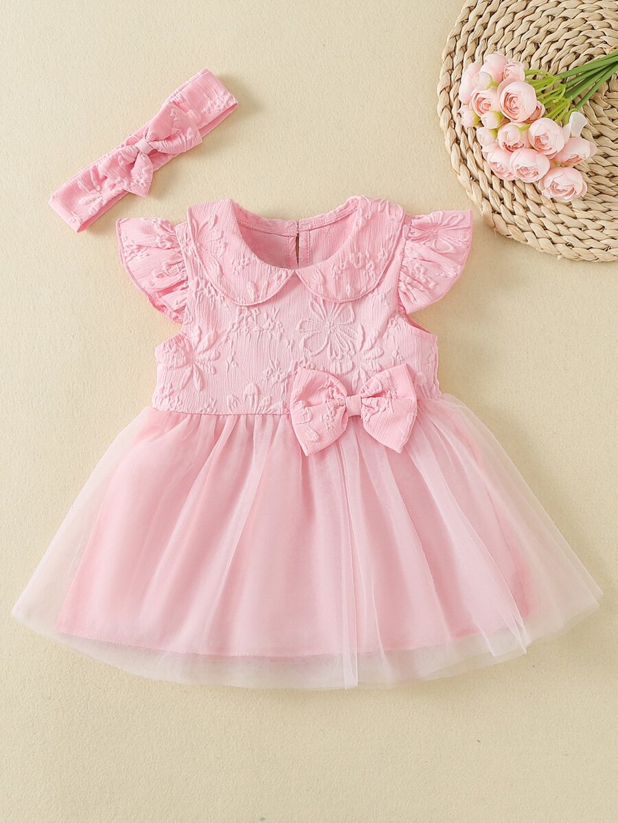 Baby Jacquard Ruffle Sleeve Bow Mesh Hem Dress & Headband - Baby Pink - View 1