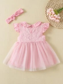 Baby Jacquard Ruffle Sleeve Bow Mesh Hem Dress & Headband - Baby Pink - View 2