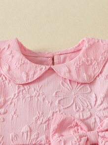 Baby Jacquard Ruffle Sleeve Bow Mesh Hem Dress & Headband - Baby Pink - View 4