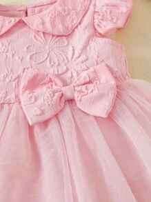 Baby Jacquard Ruffle Sleeve Bow Mesh Hem Dress & Headband - Baby Pink - View 5