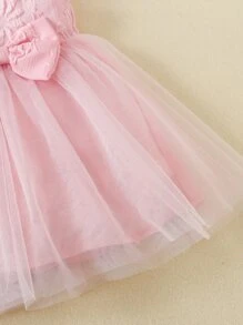 Baby Jacquard Ruffle Sleeve Bow Mesh Hem Dress & Headband - Baby Pink - View 6