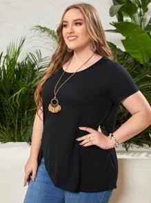 EMERY ROSE Áo thun Plus size Nút màu trơn Giải trí - màu đen - Xem 4