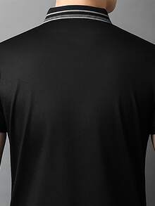 Manfinity Men Letter Graphic Striped Trim Polo Shirt - Black - View 3