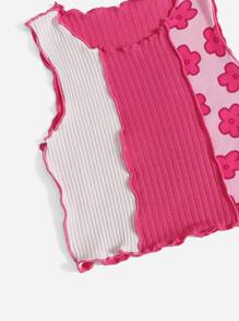 SHEIN 小女孩顏色塊和花卉印花鉸邊針織坦克頂 - 彩色 - 查看 4