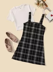 SHEIN 女孩木耳邊T恤和格子圖案背帶洋裝套裝 - 黑與白 - 查看 1