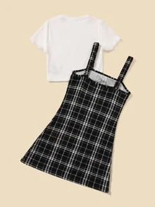 SHEIN 女孩木耳邊T恤和格子圖案背帶洋裝套裝 - 黑與白 - 查看 2