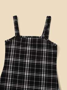 SHEIN 女孩木耳邊T恤和格子圖案背帶洋裝套裝 - 黑與白 - 查看 4