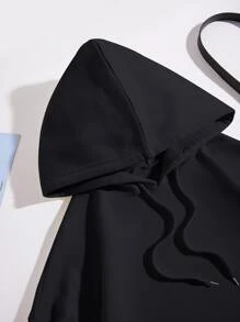 SHEIN Qutie Expression & Letter Graphic Drawstring Thermal Hoodie Pullover Fall - Black - View 3