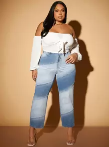 SHEIN SXY 大碼雙色高腰媽媽牛仔褲 - 淺色水洗藍 - 查看 1