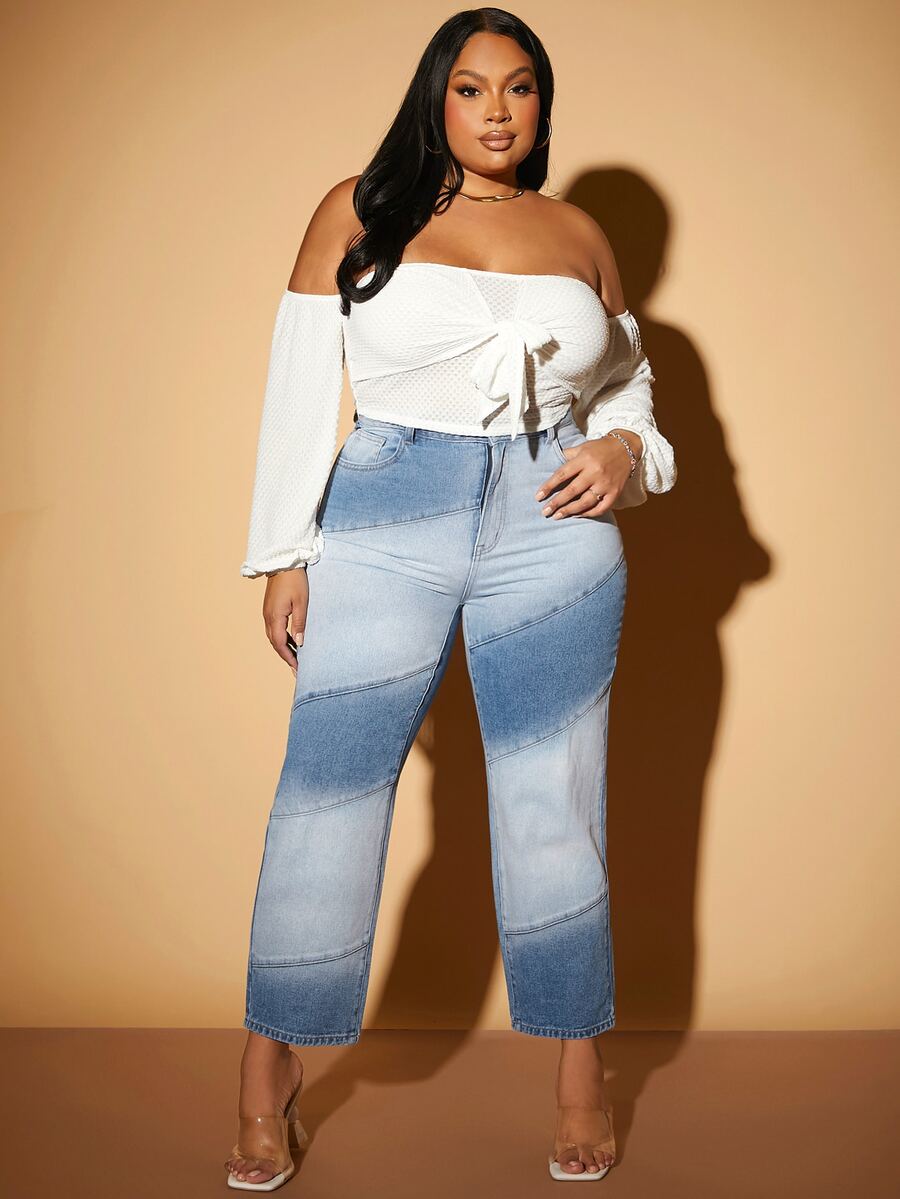 SHEIN SXY 大碼雙色高腰媽媽牛仔褲 - 淺色水洗藍 - 查看 1