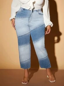 SHEIN SXY 大碼雙色高腰媽媽牛仔褲 - 淺色水洗藍 - 查看 3