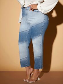 SHEIN SXY 大碼雙色高腰媽媽牛仔褲 - 淺色水洗藍 - 查看 5