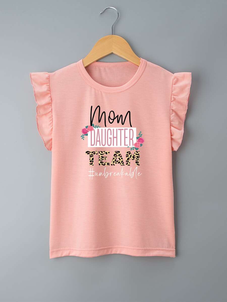 小女童1入組花卉和字母圖案荷葉邊T恤 - 珊瑚粉 - 查看 1