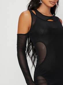 SHEIN Đầm cắt màu trơn Gợi cảm - màu đen - Xem 4