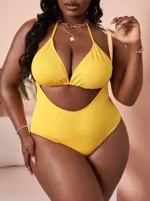 Plus Size Rib Bikini Swimwear With Bikini Top Summer Beach - Yellow - View 1