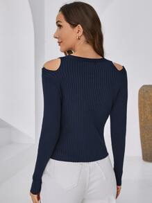 SHEIN Nữ Cardigans Cắt ra Gân đan Nút phía trước màu trơn Giải trí - Màu xanh hải quân - Xem 2