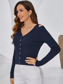 SHEIN Nữ Cardigans Cắt ra Gân đan Nút phía trước màu trơn Giải trí - Màu xanh hải quân - Xem 5