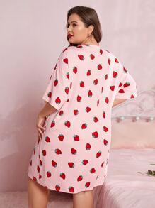 Plus Strawberry Print Drop Shoulder Night Dress - Baby Pink - View 2