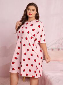 Plus Strawberry Print Drop Shoulder Night Dress - Baby Pink - View 3