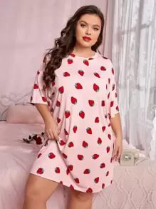 Plus Strawberry Print Drop Shoulder Night Dress - Baby Pink - View 4