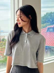 DAZY 純色開襟短袖上衣 - 灰色 - 查看 5