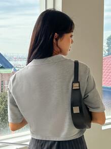 DAZY 純色開襟短袖上衣 - 灰色 - 查看 2