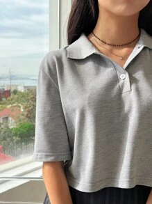 DAZY 純色開襟短袖上衣 - 灰色 - 查看 3