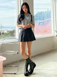 DAZY 純色開襟短袖上衣 - 灰色 - 查看 4